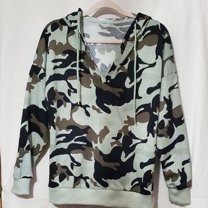 Camo pull over sweater with hood